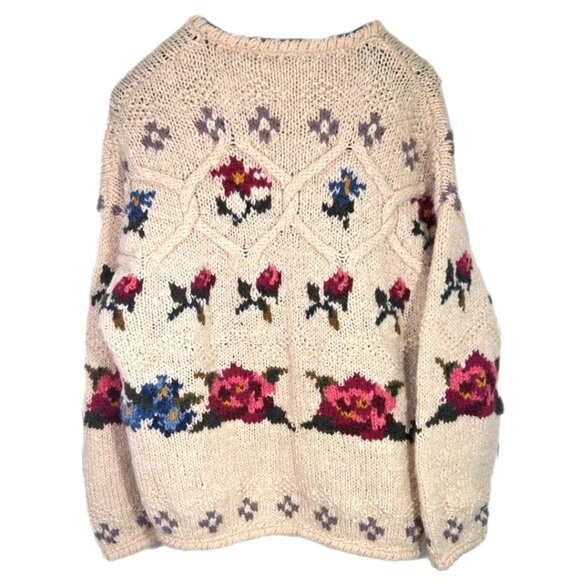 Vtg Sz L 90s Express Tricot Hand Knit Wool Chunky Sweater Cardigan Cottagecore - Picture 7 of 9